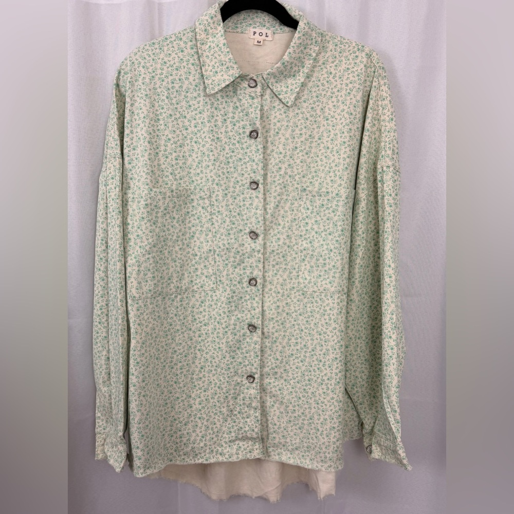 POL BoHo Green Floral Oversized Button Down Hi-Lo Frayed Hem Shacket Medium NWT
